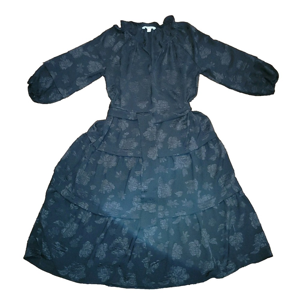 Pioneer Woman Floral Jacquard Tiered Midi Dress L Boho Cottagecore Black